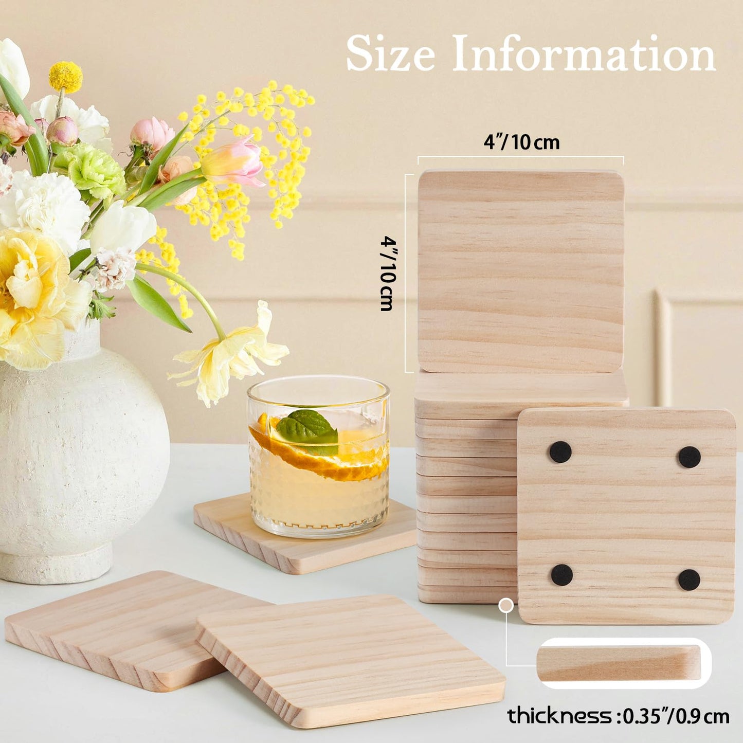 72 Pieces Unfinished Wood Coasters, GOH DODD 4 Inch Wooden Slices Blanks Bulk Set with Soft Foot Pads for Drinks Crafts Laser Engraving Wood Burning Staining Drawing Painting Decoupage Wedding, Square