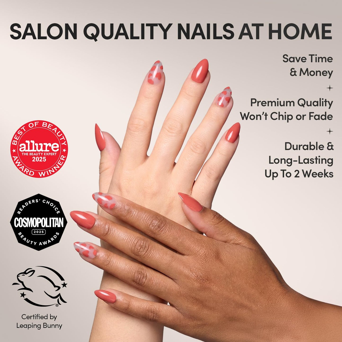 Glamnetic Press On Nails - Love Me | Glossy, Semi-Transparent, Short Almond Red Heart Fake Nails, Salon Quality | 15 Sizes - 30 Nail Kit with Glue