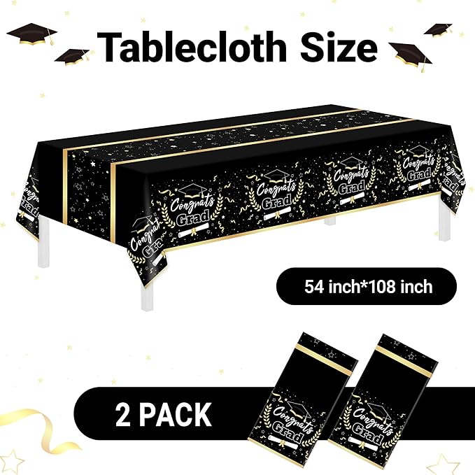 Class of 2026 Black & Gold Graduation Tablecloths, 2 Pack