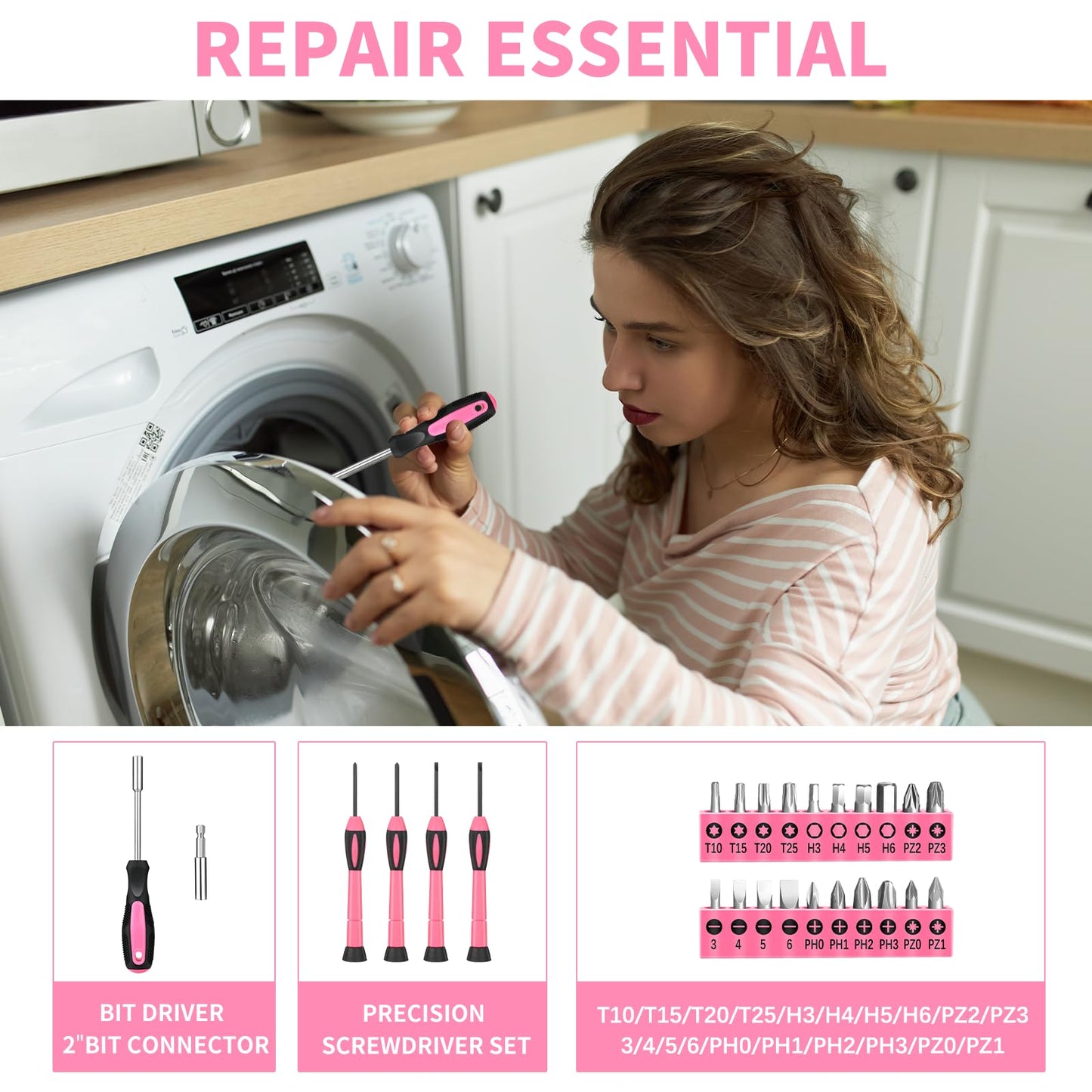 HANGYING 39 Piece Pink Tool Set for Women, All Purpose Household Hand Tool Kit with Plastic Storage Box, Small Tool kit for Home Garage Office College Dorm