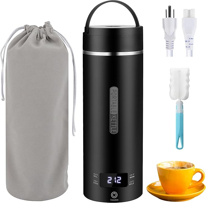 Travel Electric Kettle Portable Small Hot Water Boiling Tea Coffee Warmer Heater 450ML, 316 Stainless Steel, 4 Temperature Presets LCD Display Fast Boiler & Auto Shut-Off & Boil Dry Protection (Black)