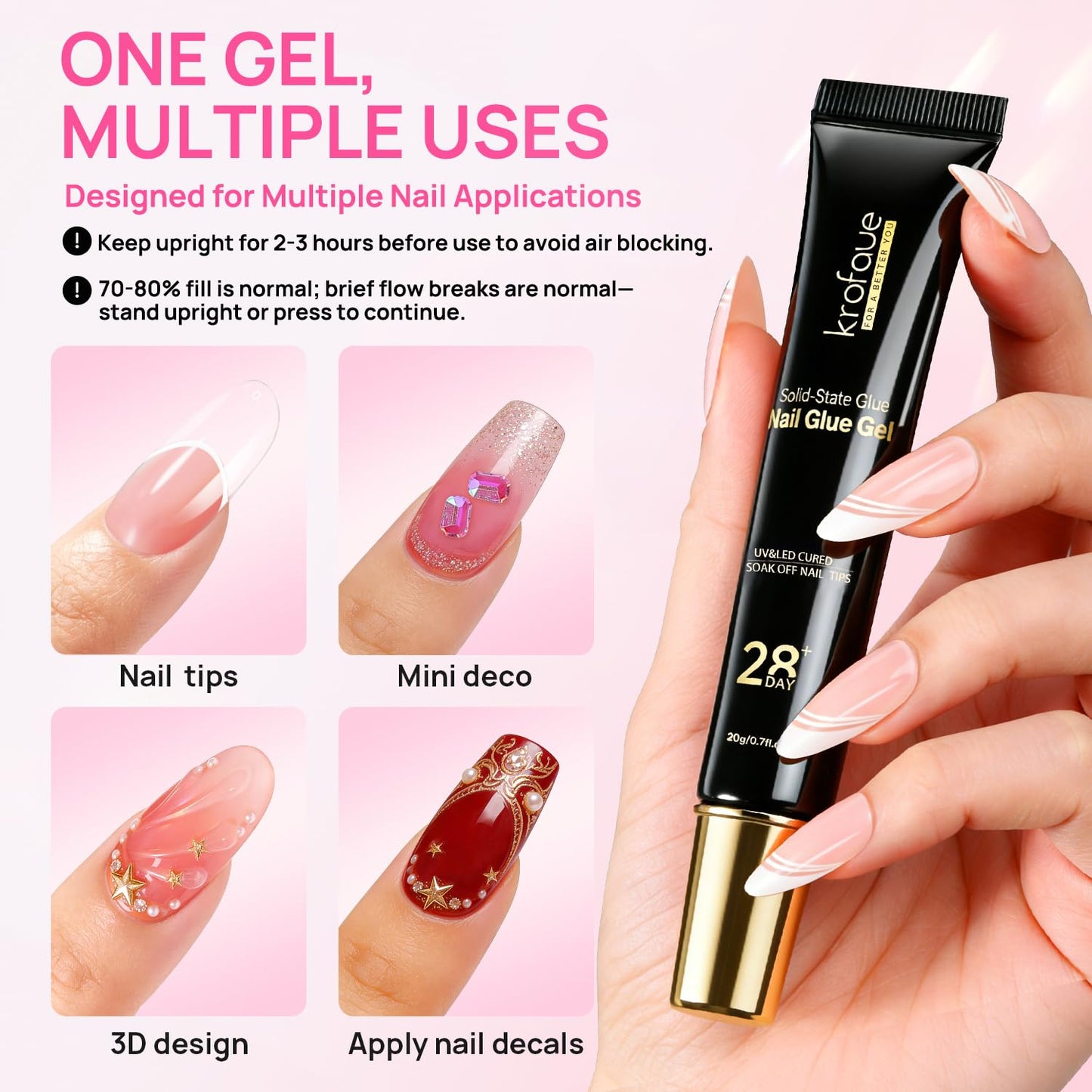 Krofaue Nail Glue Gel & Soft Gel Nail Tips Kit – UV Curing Press on Glue with Half Cover Acrylic Tips for DIY Nail Tips Art