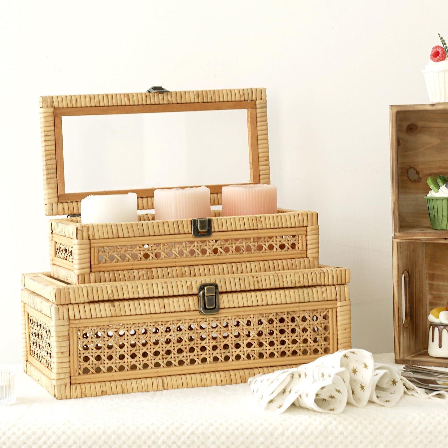DECOR4SEASON Rattan and Cane Stacking Boxes with Glass Top Lid - Set of 2 for Boho, and Rustic Farmhouse Decor