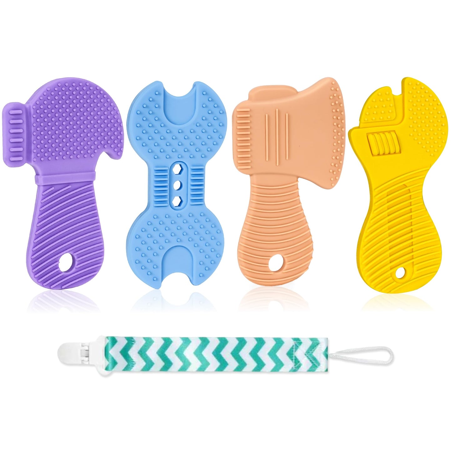 Baby Teething Toys, 4 Pack Silicone Baby Teether Toys with Pacifier Clips, Tool Shape for Babies 0-6 6-12 Months, Multi-Texture Gum Massage Teething Relief, Easy Grip for Newborn Infant Toddler