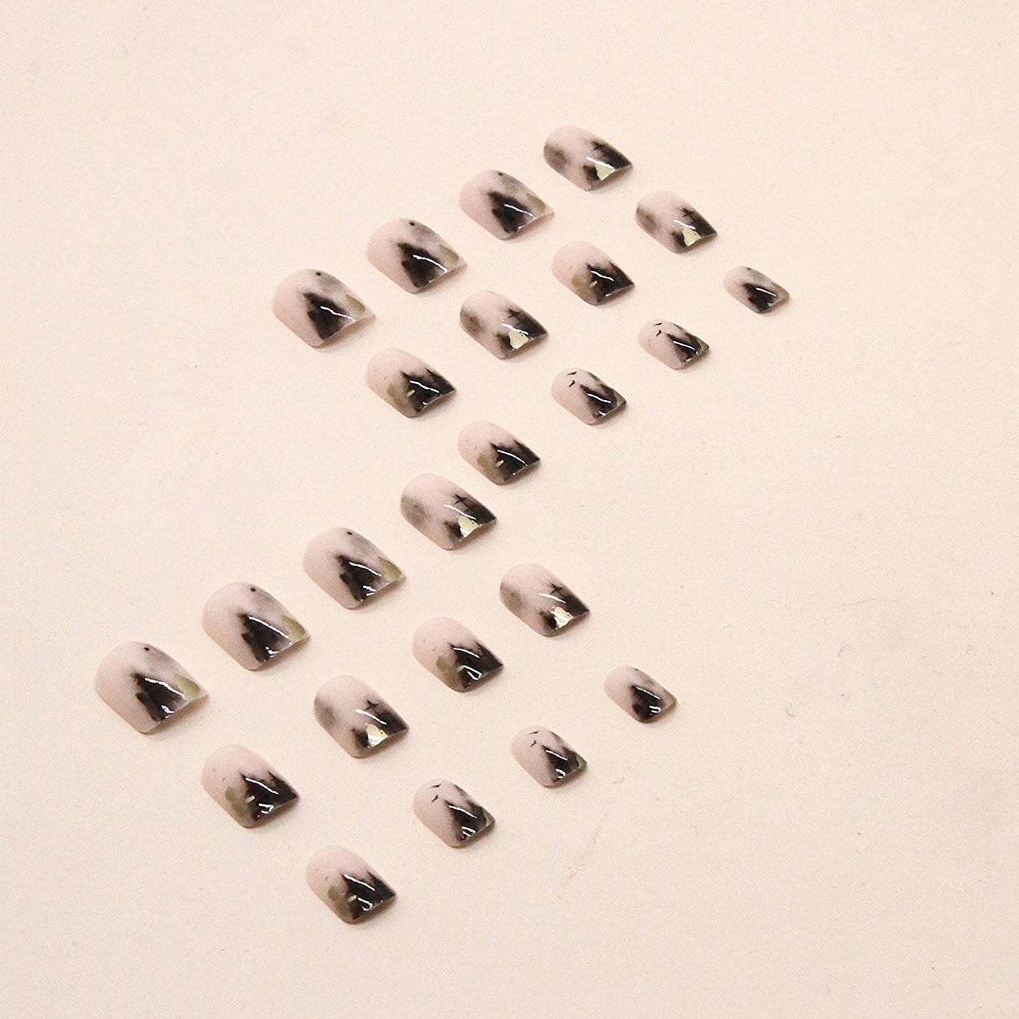 MISUD Press on Nails - Short Square Glue on Nails with Black Ink, Acrylic Gold Foil Design 24 pcs