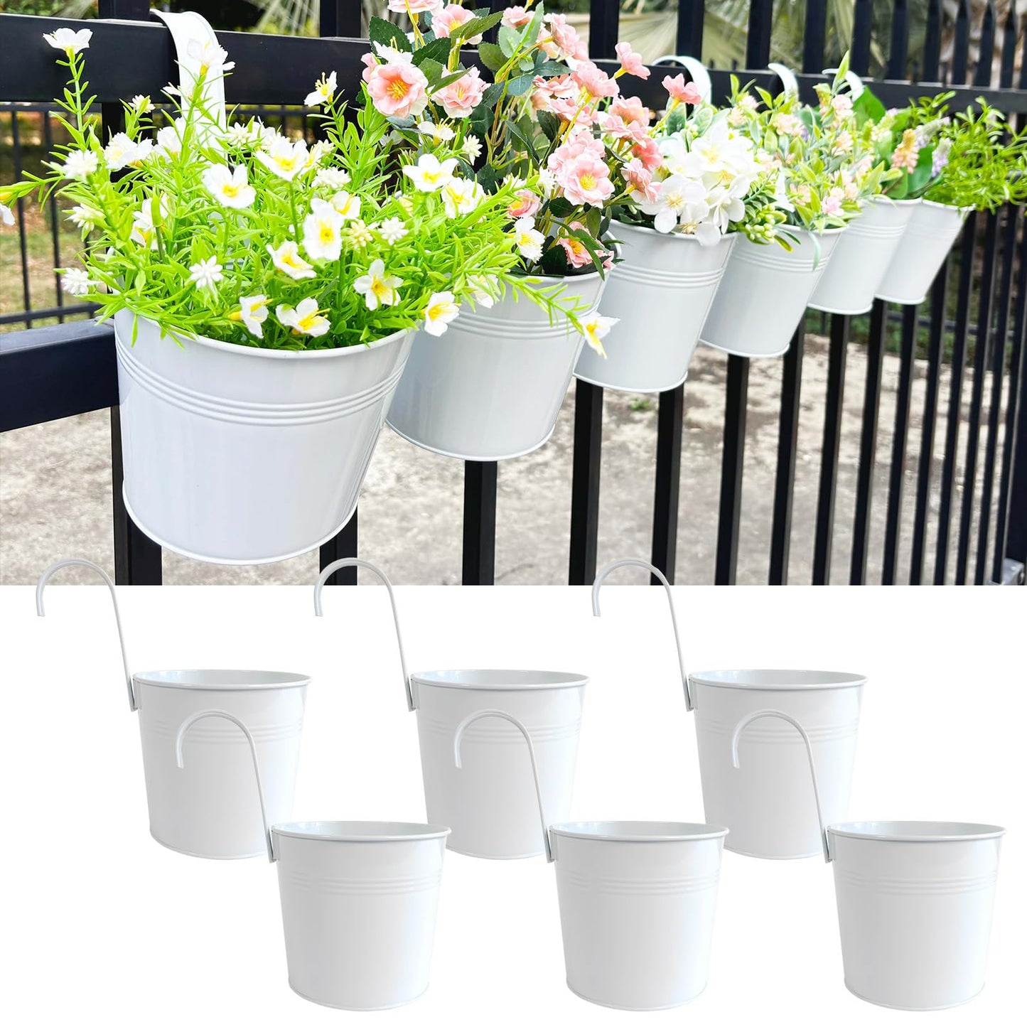 Joyfernal 6 Pack Hanging Flower Pots, 6" White Metal Balcony Planters for Herb Succulent, Samll Railing Fence Hanging Bucket for Outdoor/Indoor Decoration (White, Pack of 6)