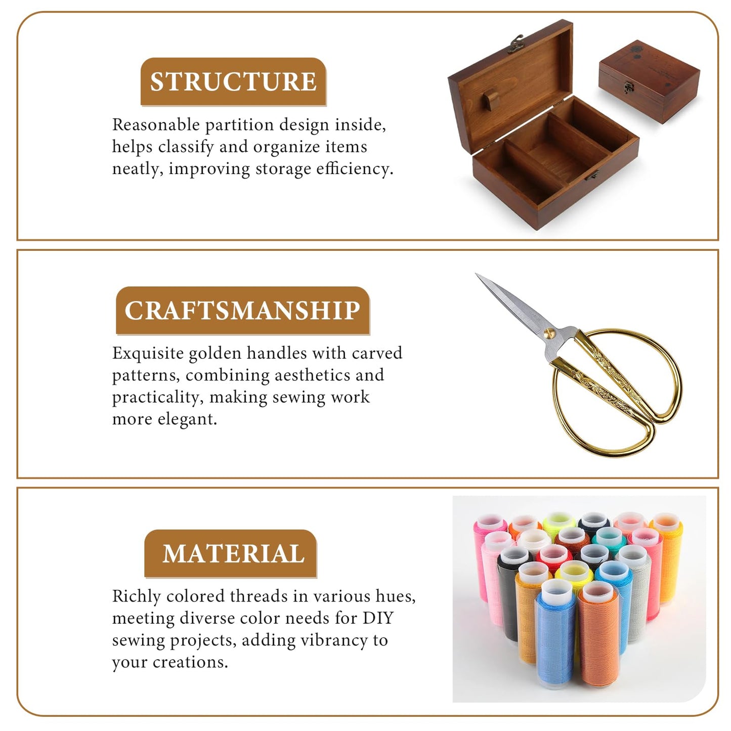 Mother's Day Gift Sewing Kit for Adults Wooden Sewing Box with Thread Scissors Thimble Needle Cushion Seam Ripper Retro Wooden Sewing Basket Sewing Supplies for Beginners
