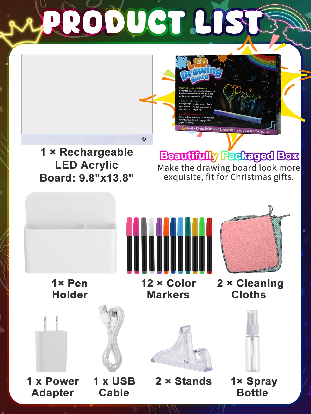 Light Up Led Drawing Board for Kids - Rechargeable 9.8"x13.8" Acrylic Led Note Board with 7 Colors & 4 Modes, Doodle Boards for Art Toys, Birthday Gifts for Grandkids