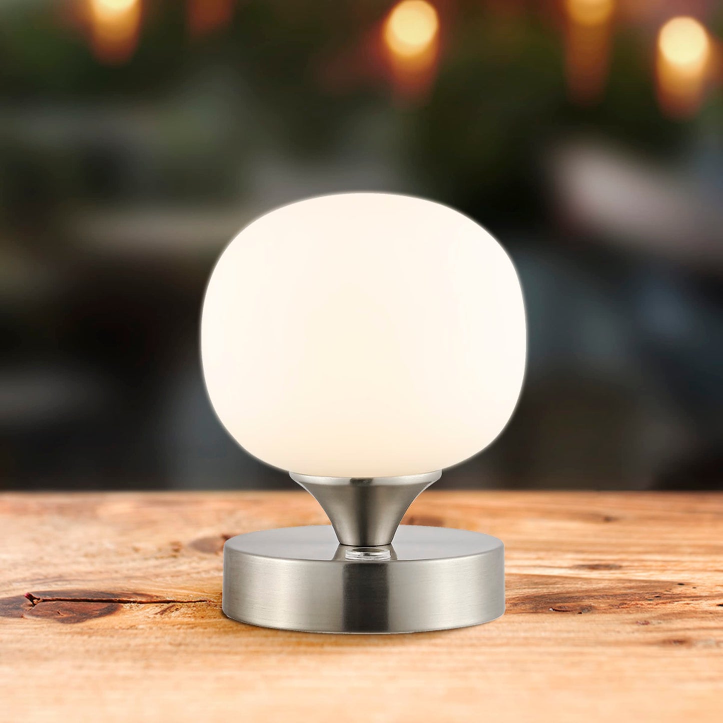 JONATHAN Y 6.13" Nickel/White Modern Cordless Rechargeable LED Table Lamp, Frosted White Glass Shade, Touch Dimmable Mini Accent Light for Bar, Bedroom, Nightstand (JYL7112B)