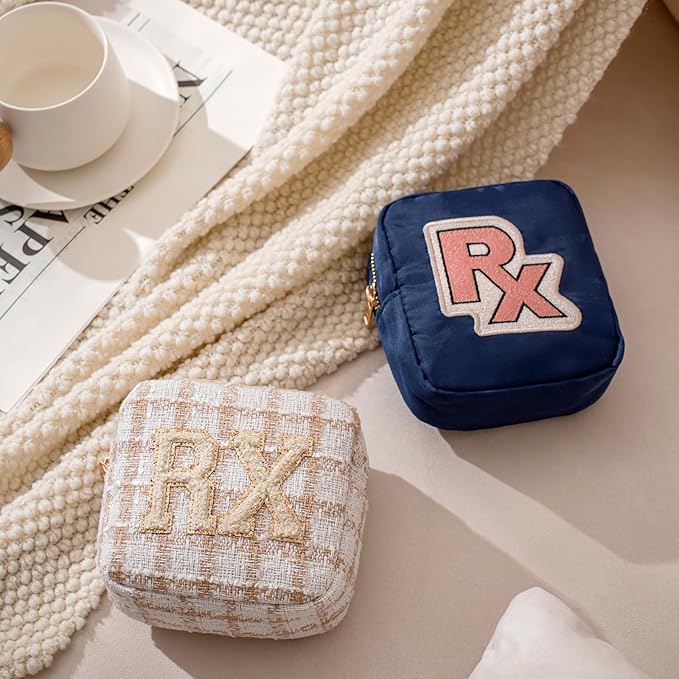 Small Medicine Bag for Travel, Personalized RX Chenille Letters Checkered Pouch for Women and Girls, Cute Meds Drug Makeup Bags with Zipper (01Beige Checkered)