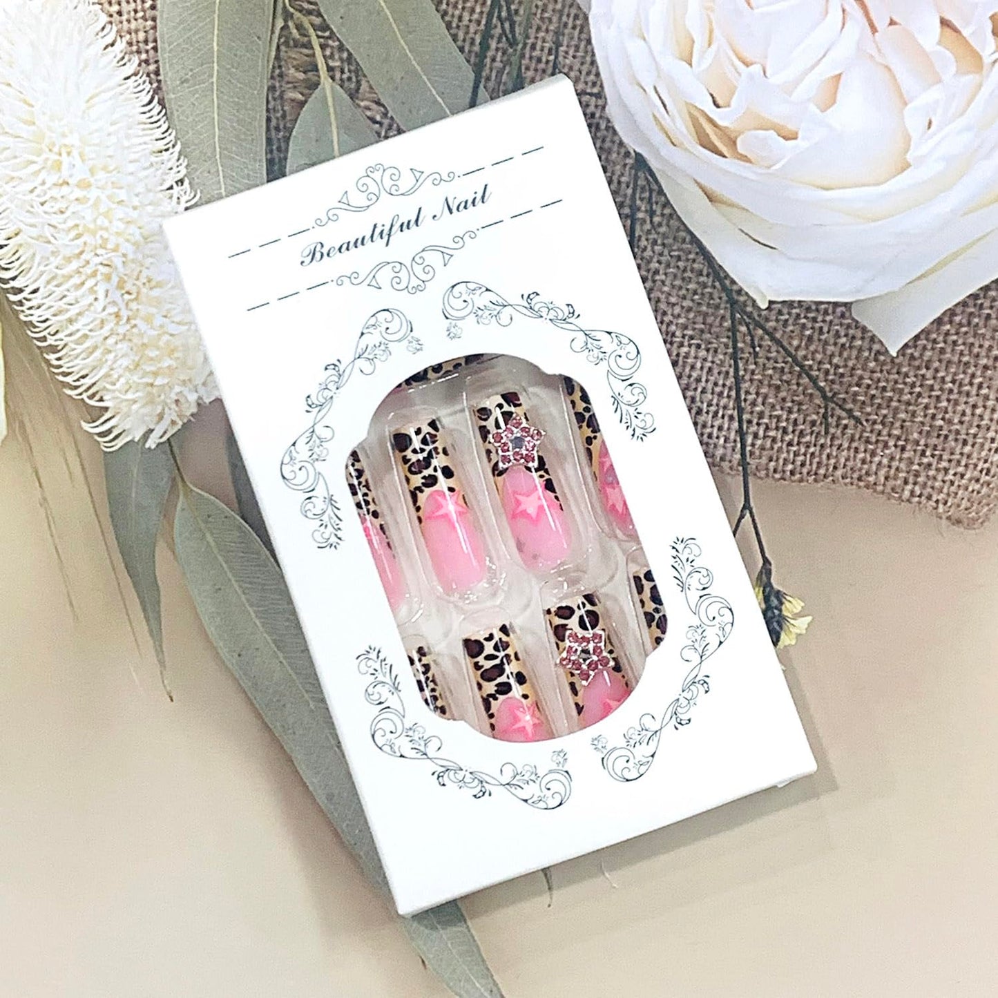 FIEONCIY Press on Nails Long Coffin Shaped Acrylic Glossy Full Cover Long Square French False Nails with Designs Artificial Extra Long Fake Nails with Charms Glue ons Fingernails for Women(XL10256)