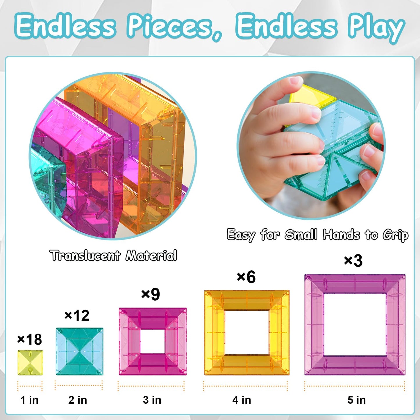 TEANXU 48 PCS Building Blocks Set for Kids, STEM Preschool Learning Stacking Toys for Toddlers Ages 3 4 5 6 - Pyramid Stacking Blocks with Storage Bag - Light Table Compatible