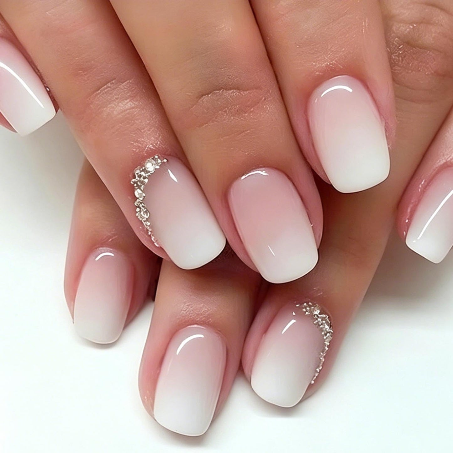 Gradient Press on Nails Short Square Fake Nails with Rhinestones Bead Ombre Designs Pink Nails Press ons White Glue on Nails Glossy False Nails Cute Stick on Nails for Women 24Pcs