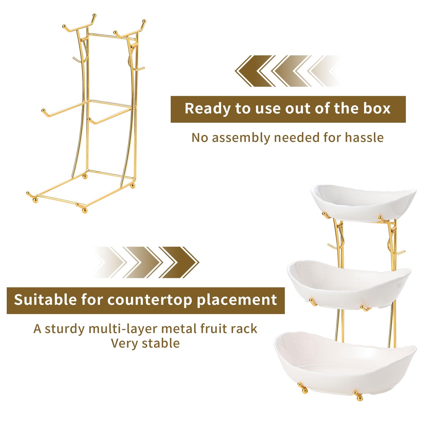 Leijosya Elegant 3-Tier Ceramic Serving Bowl Set with Gold Stand, White Decorative Display Bowls for Fruits, Desserts, Appetizers