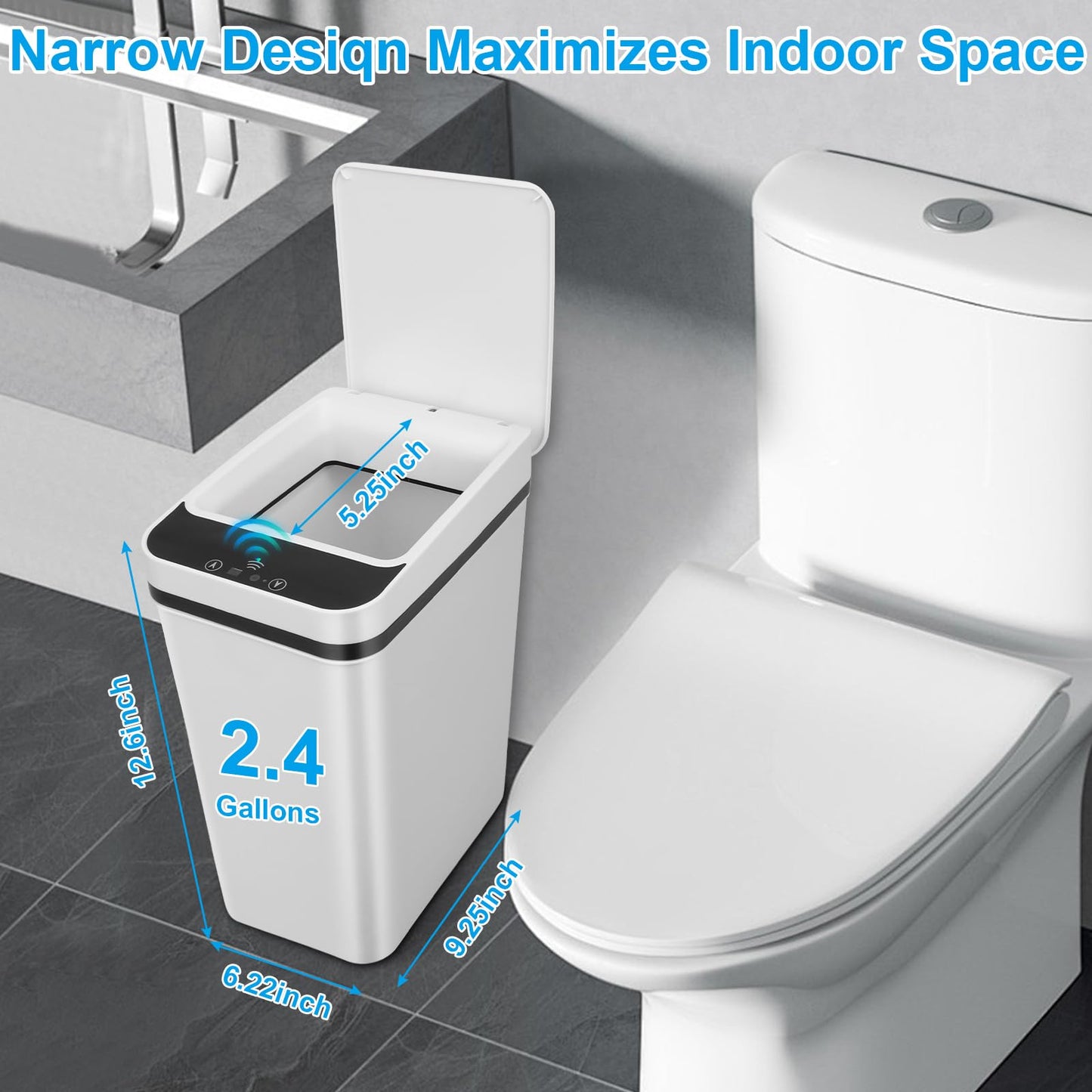 QSFWCSM 2 Pack Bathroom Trash can,Smart Touchless Trash Can,Automatic Motion Sensor Trash Bin with Lid,2.4 Gallon Garbage Can, Kitchen, Bathroom, Office, Bedroom Trash can (White+White)