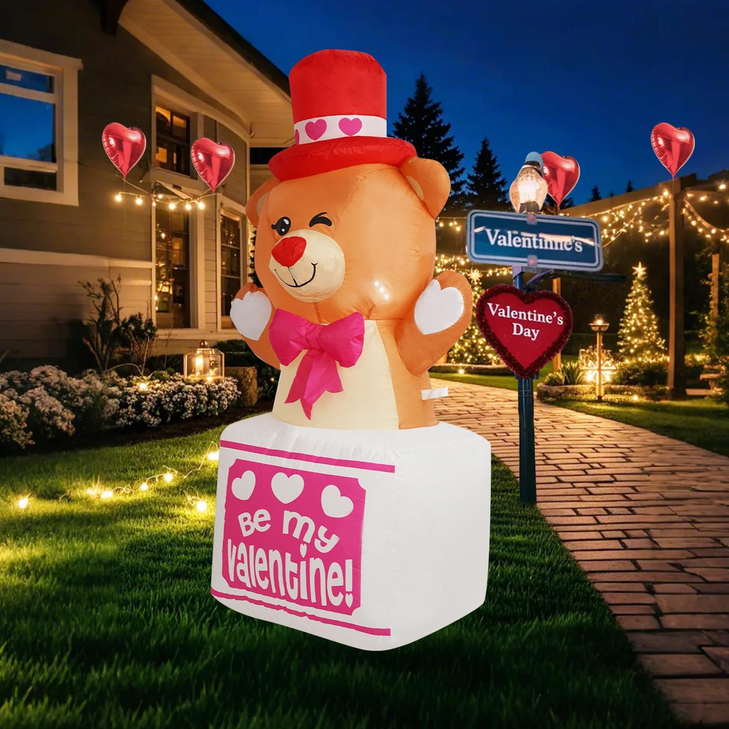 InfleasJoiy 4FT Outdoor Inflatable Decoration with LED Lights, Holiday Celebration Decorations for Yard, Lawn and Patio InfleasJoiy 4FT Bear Standing on Gift Box
