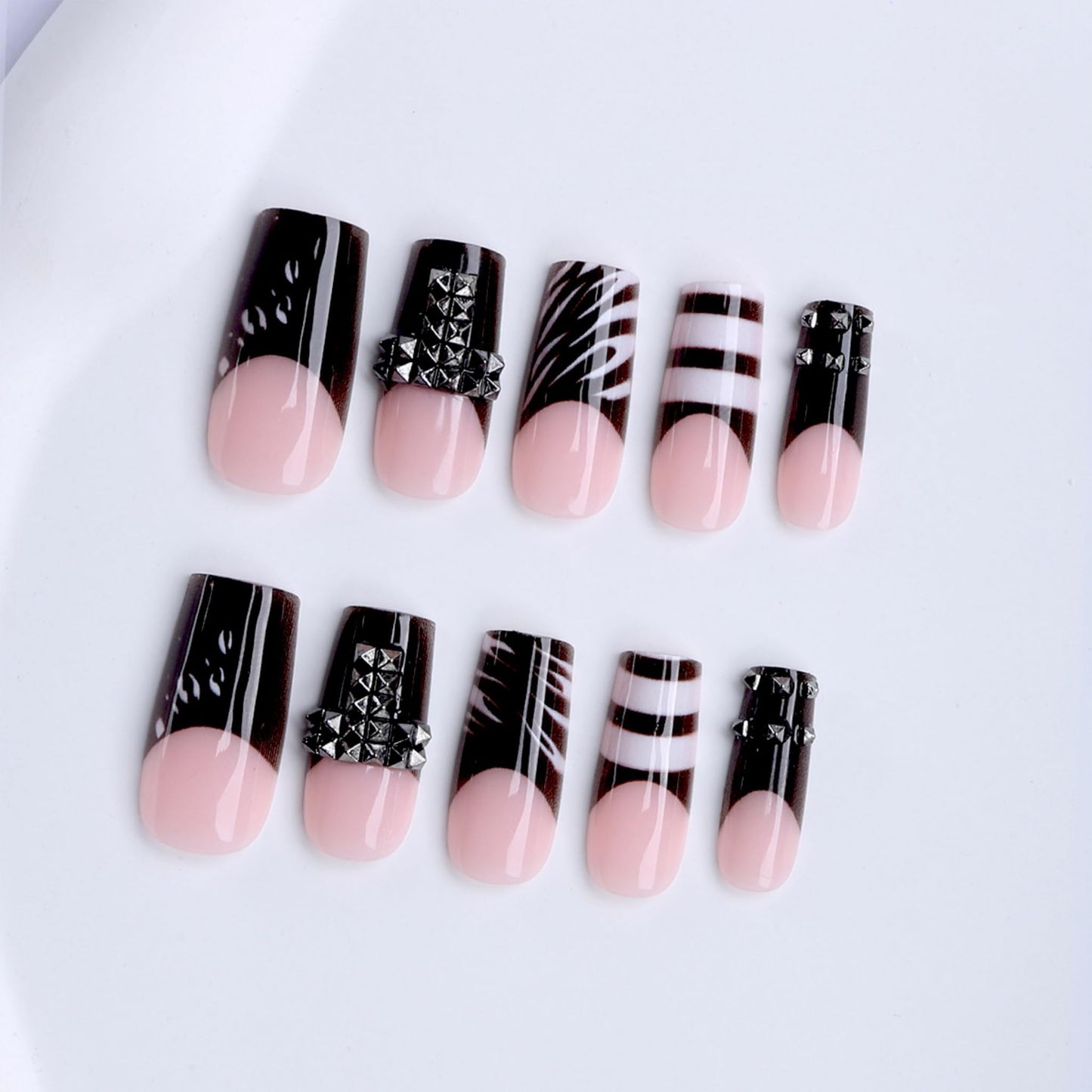Long Press on Nails Square Fake Nails Black Acrylic Nail Press Ons Seeneey Y2K Stripes Glossy Stick on Nail for Women 24pcs
