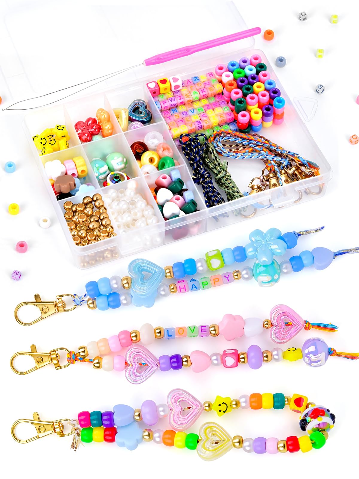 Hysagtek Beaded Keychain Making Kit - 422 Pcs DIY Beaded Bag Charm Kit Acrylic Luminous Letter Alphabet Star Flower Heart Beads Key Chain Making Kit Jewelry Supplies Crafts for Women