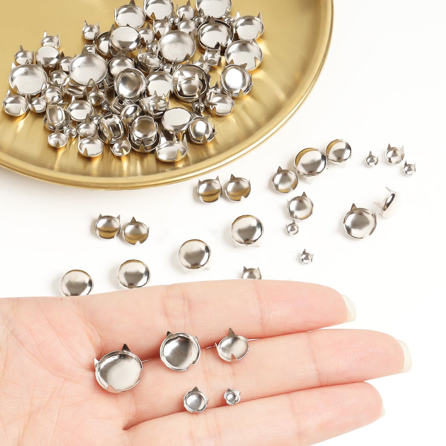 SBYURE 1000 Pcs Round Dome Studs 5 Sizes Studs for Clothing Round Dome Studs and Spikes Prong Studs Kit for Leather Craft Clothing Belts Bags Shoes Bracelets Dog Collar Accessories DIY (Silver)