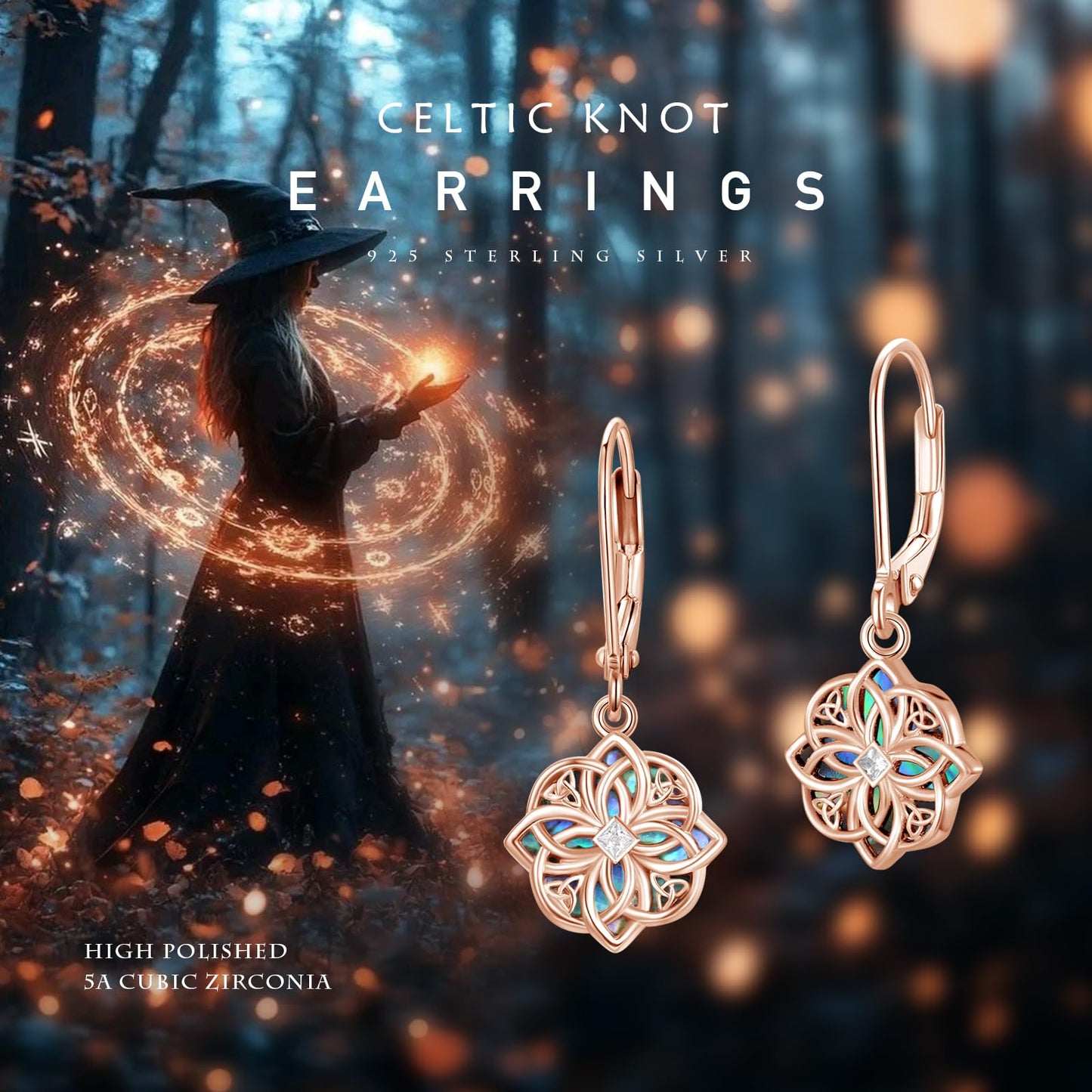 PARYFO Rose Gold Celtic Knot for Women Witches Knot Dangle Earrings with Abalone Good Luck Irish Celtic Knot Vintage Dangles for Women