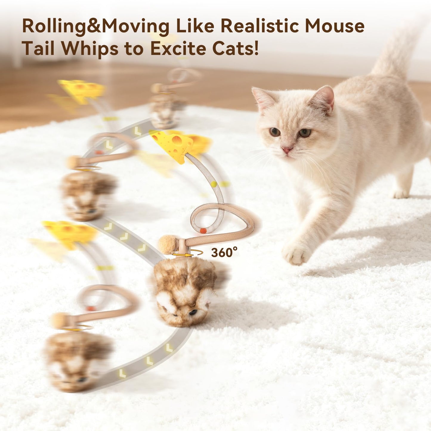 Migipaws Interactive MigiMouse Cat Toy 360° Rolling & Spin with Mesh Plastic Tail for Indoor Cats Smart Motion Sensor, Realistic Squeak, Rechargeable Plush Kitten Toy(Brown Long)