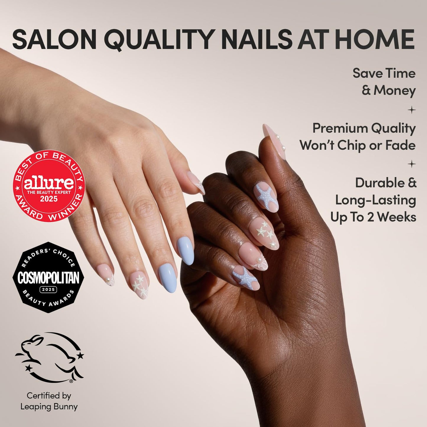 Glamnetic Press On Nails - Salty Waves | Short Almond Starfish Fake Nails with 3D Nail Art, Salon Quality Summer Nails | 15 Sizes - 30 Nail Kit with Glue