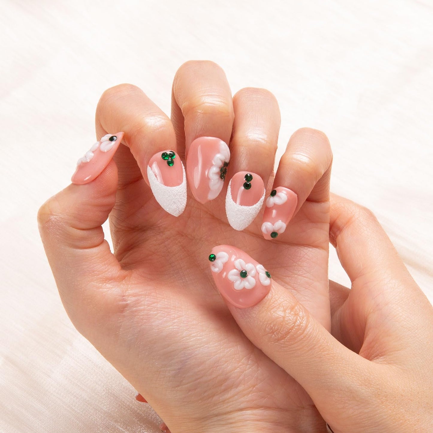 LOVFUL Press on Nails Floral French Tip | Handmade with Full Covered Crystals | Reusable Fake Nails | Almond Short 0.8 in | H70-L