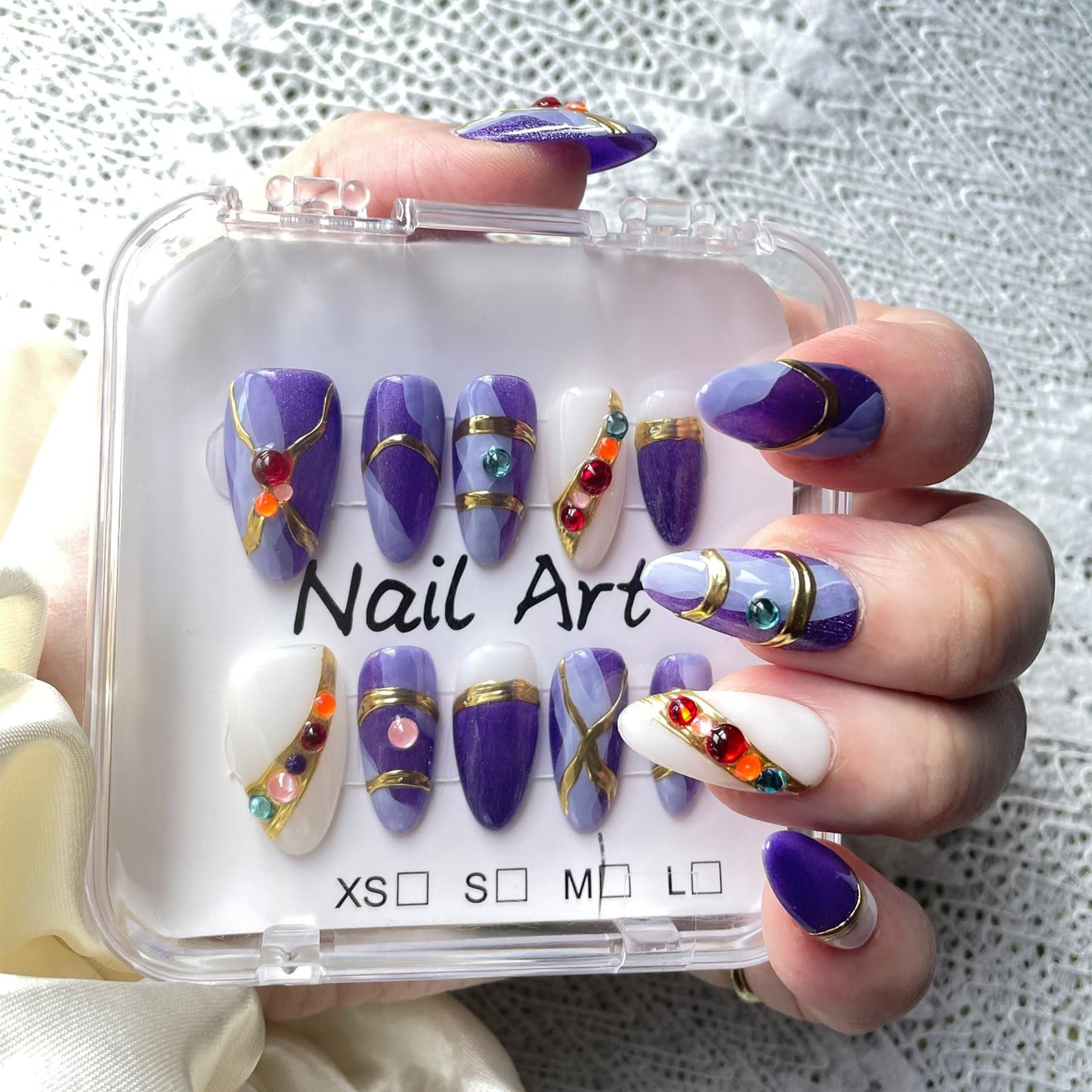 French Press on Nails Almond Handmade, Purple Glitter Metal Gemstone Luxury Romantic Date Style for Women 10 Pcs(Size M)