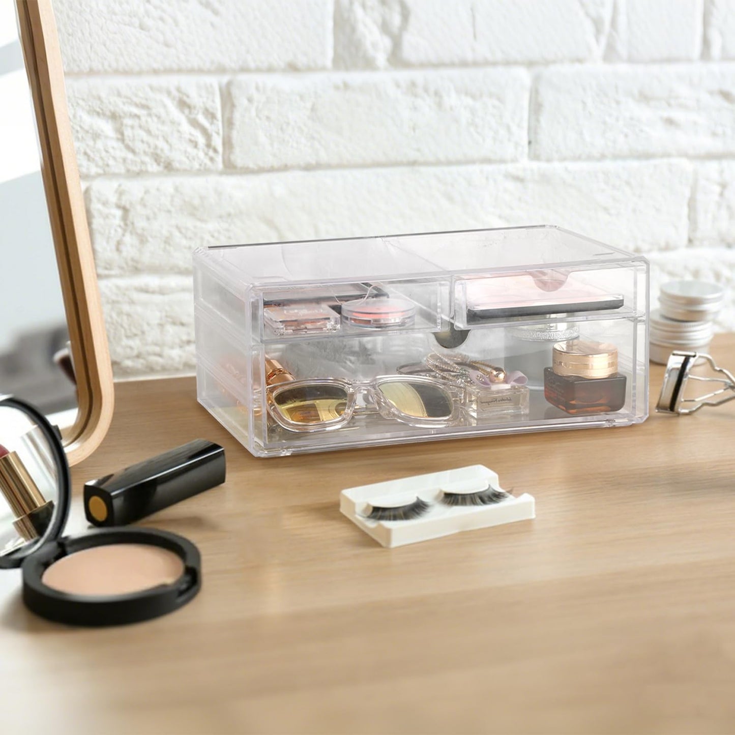 BTSKY Clear Acrylic Drawer Organizer, Stackable Container with 2 Narrow + 1 Large Drawers, Desk Organizer for Stationery Study Essentials Makeup Jewelry, Multipurpose Storage Box for Office and Home