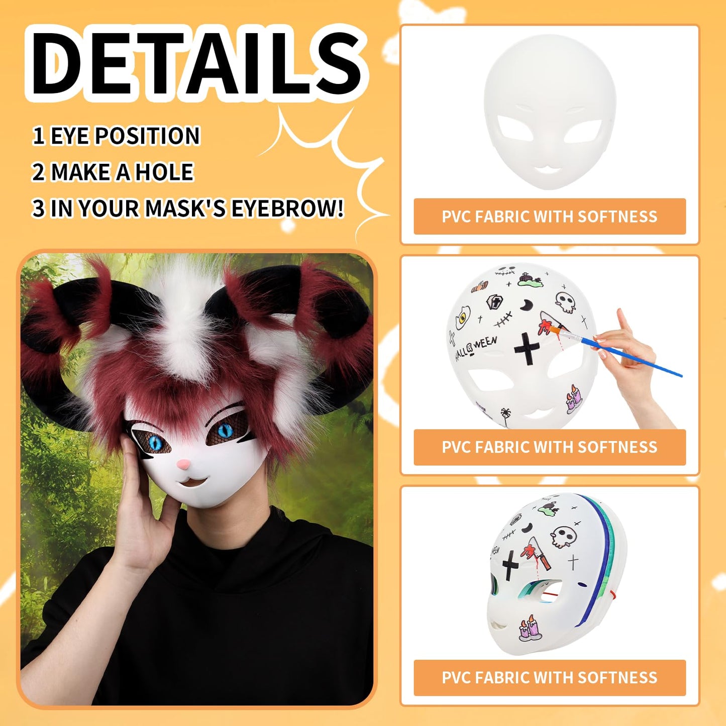 YLOVEFUR 3 PCS DIY Full Face Masks White Paintable Animal Fox Mask for Halloween Masquerade Cosplay Party Costume Accessories