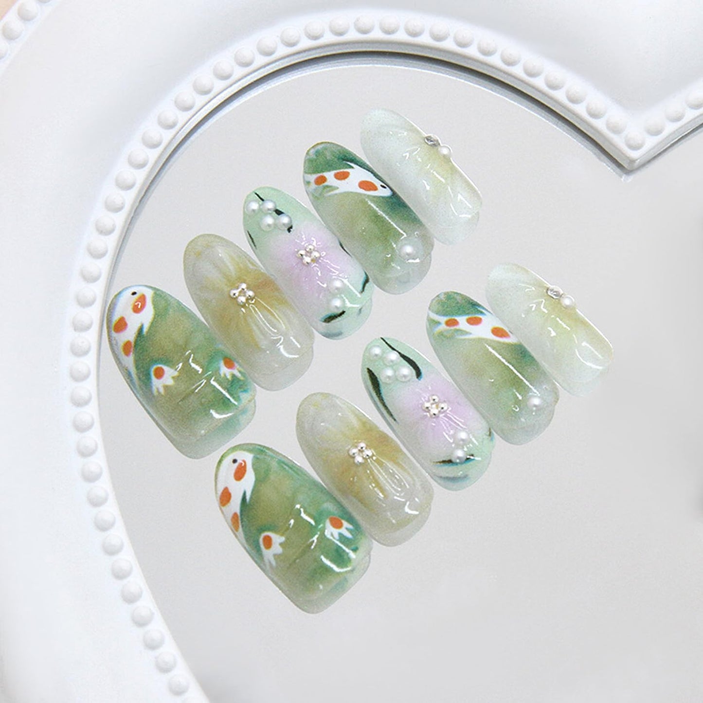 30Pcs Flower Press on Nails Medium Almond Fake Nails Press on 3D Pearl Design Koi Fish False Nails Green Smudge Glossy Full Cover Cute Floral Koi Reusable Spring Summer Acrylic Glue on Nails for Women