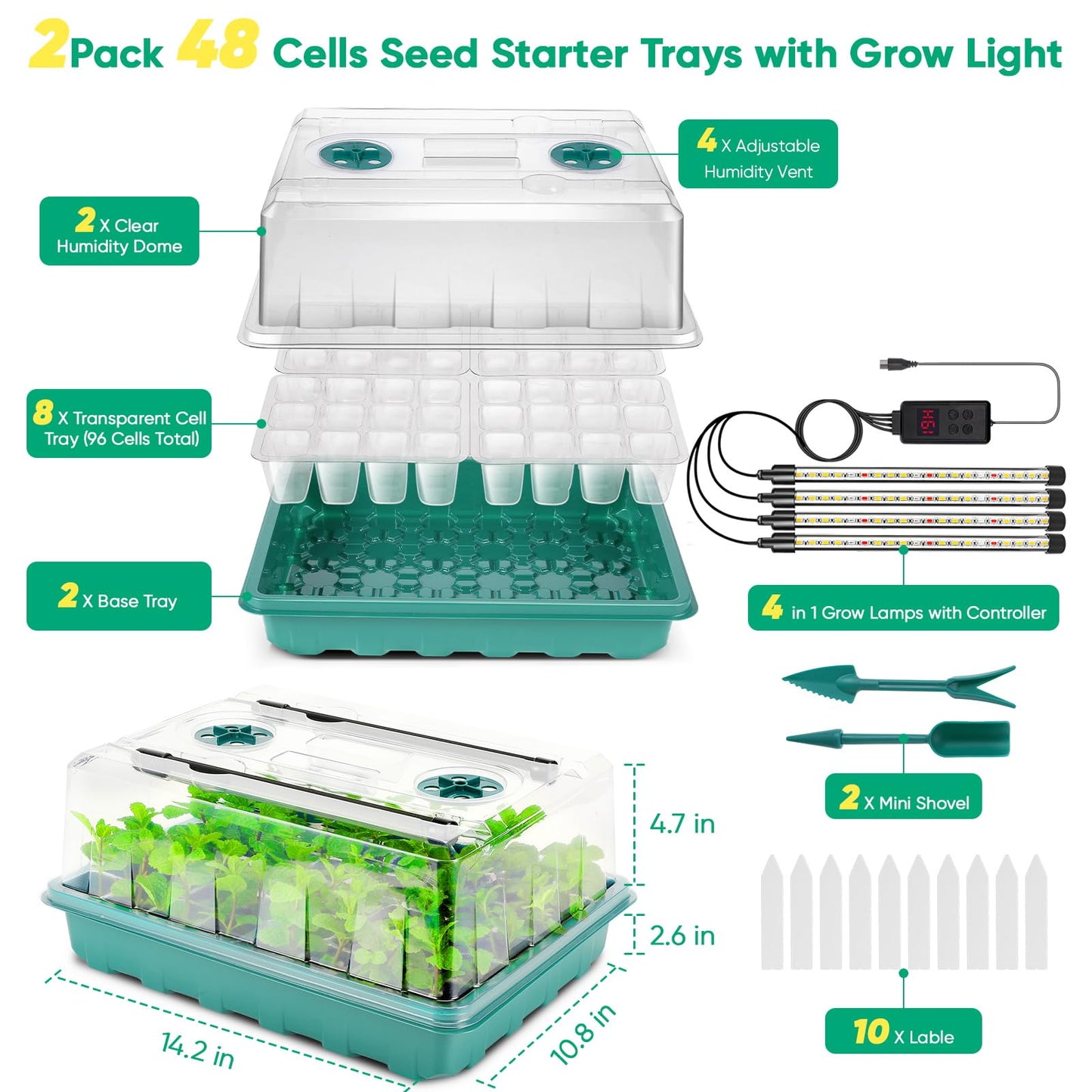 96 Cell Seed Starter Tray with Grow Light, Seed Starting Trays with Adjustable Humidity Dome, Seed Starter Kit Plant Starter Kit for Seeds Growing Starting, Indoor Gardening (No Self-watering)