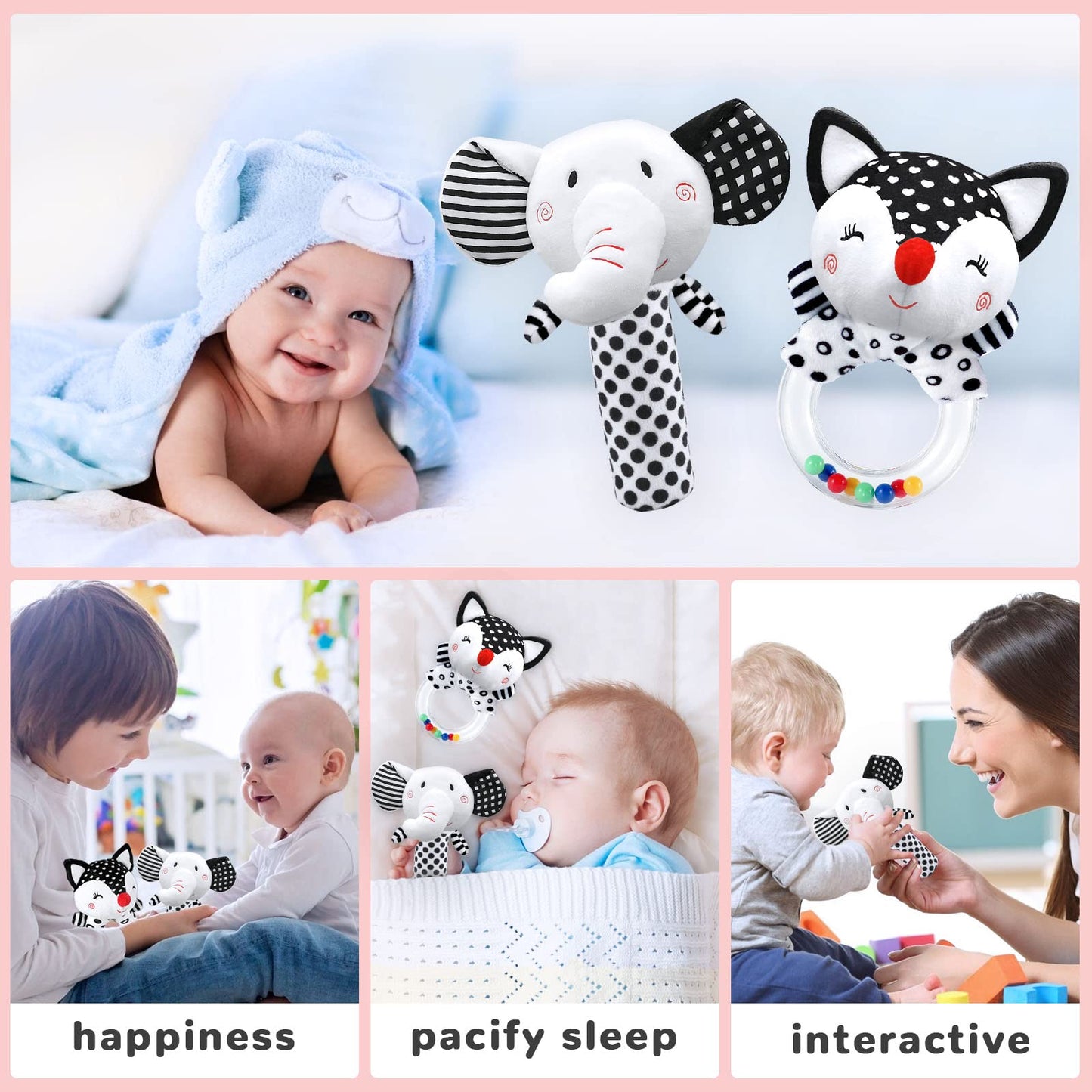 Baby Rattles & Toys - 0-3 Months, High Contrast Black & White Plush Stuffed Toys for Infants
