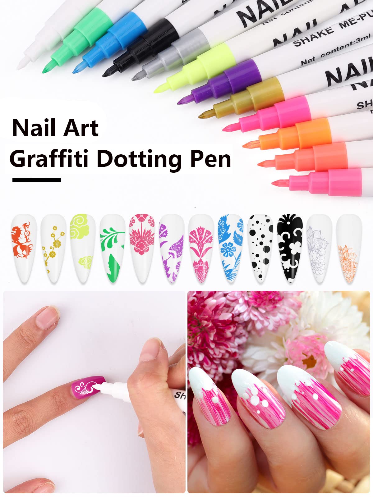 12 Color 3D Nail Art Pens Set, Kalolary Nail Point Graffiti Dotting Pen Drawing Painting Liner Brush for DIY Nail Art Beauty Adorn Manicure Tools