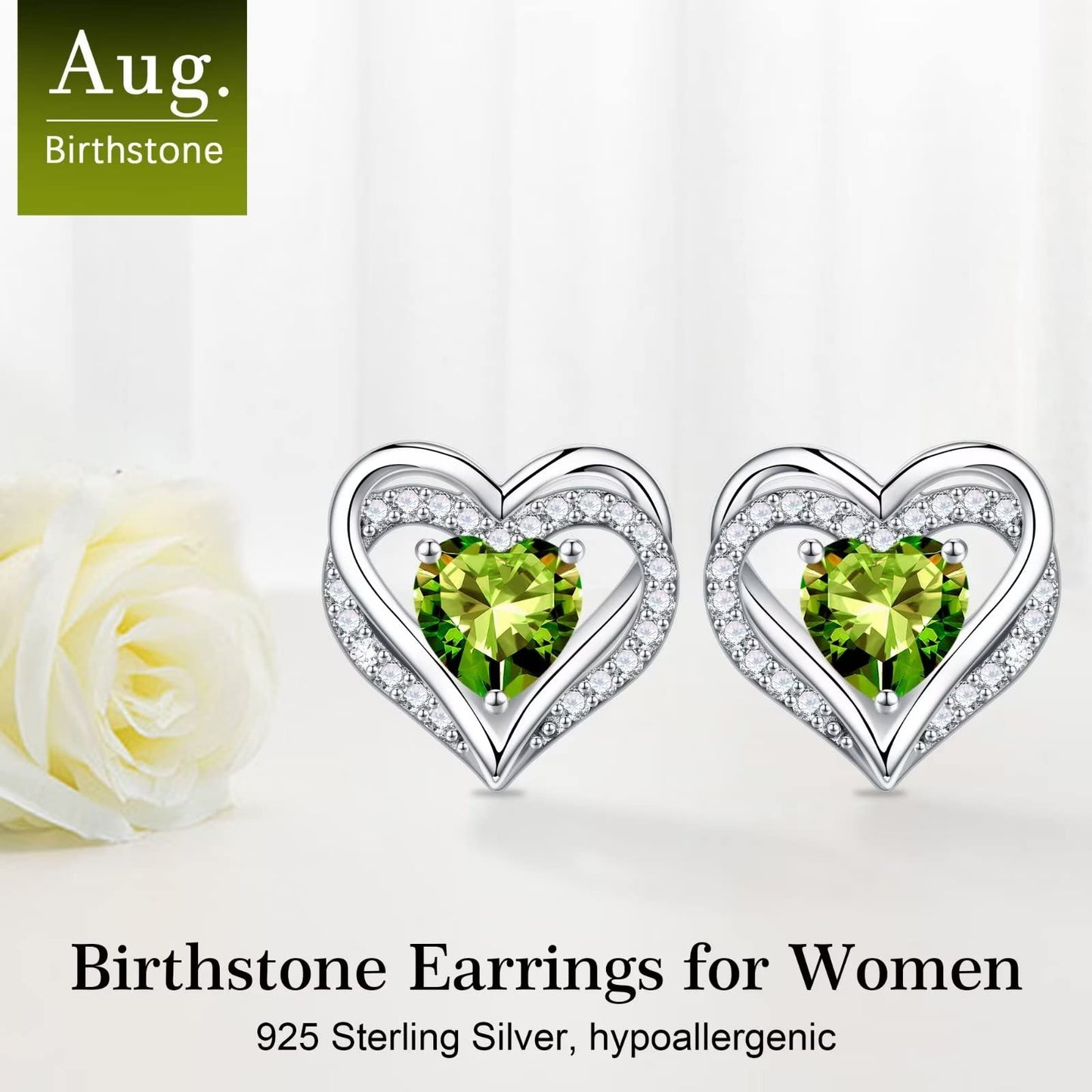 Iefil Earrings for Women, 925 Sterling Silver August Birthstone Peridot Heart Stud Earrings for Women