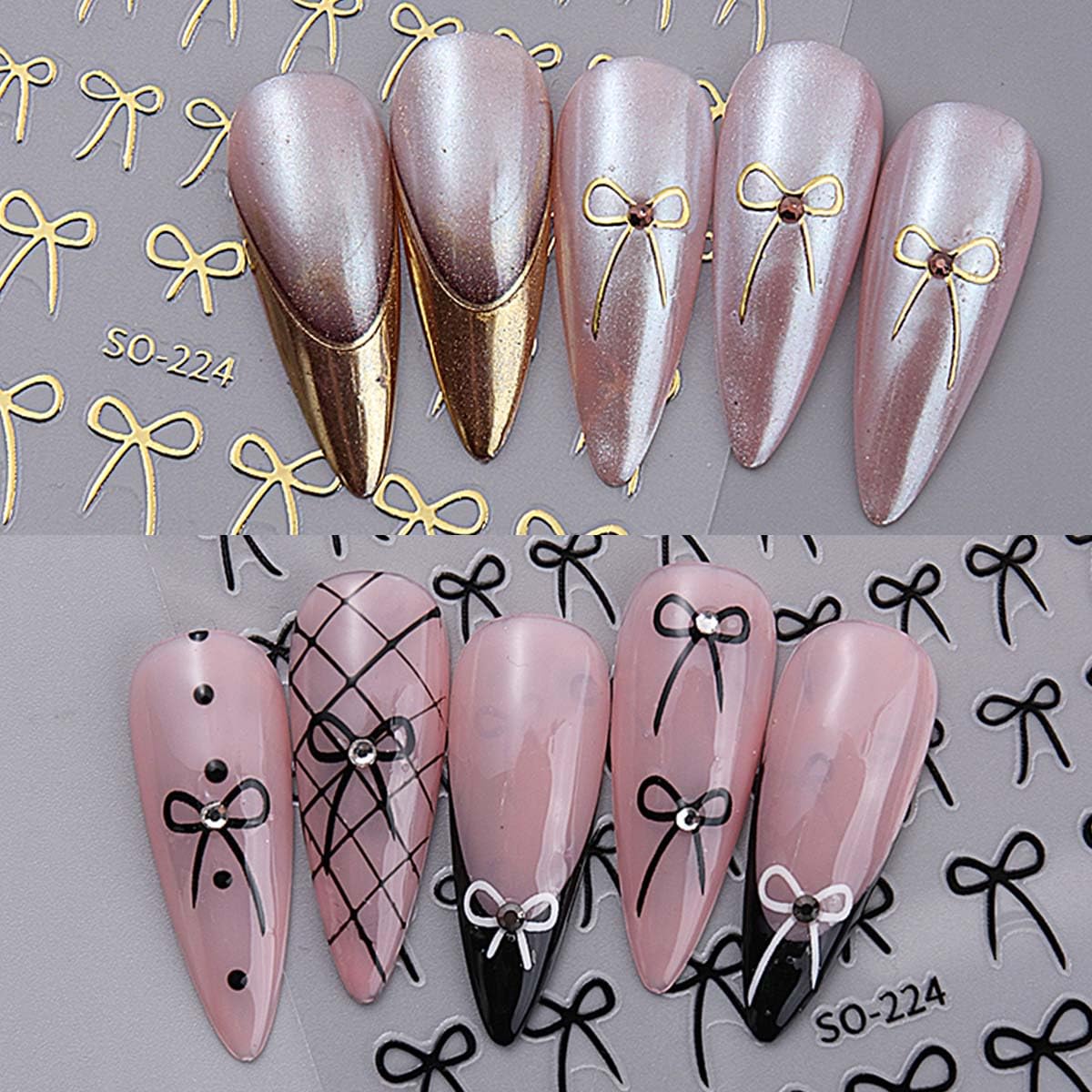 Cute Bow Nail Art Stickers 8 Sheets - Self-Adhesive Nail Decals Glossy Finish, Colors: Black, White, Red, Gold & Aurora, 3D Embossed Nail Stickers for Women DIY