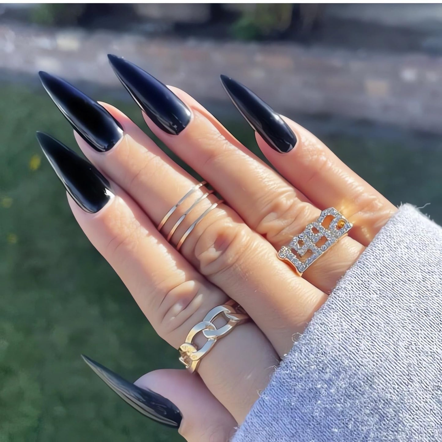 IMSOHOT Stiletto Press on Nails Extra Long Fake Nails All Black Glossy False Nails with Designs Full Cover Solid Color Acrylic Almond Glue on Nails for Women 24Pcs