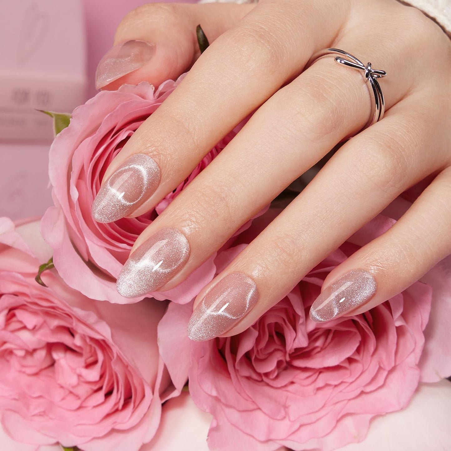 VSALON Press On Nails Short Almond, Nude Pink Cat Eye Press On Nails Neutral Sparkly Spring Fake Nail With UV Glue On Nail Kit, Reusable Salon Quality Summer Stick On Nails 32 Pcs 16 Sizes