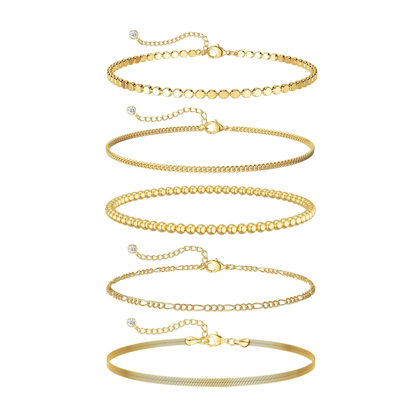 DEARMAY Dainty 14K Gold Plated Chain Bracelets for Womens Trendy Waterproof Gold Jewelry Set Fashion Stackable Beaded Figaro Herringbone Link Bracelet Pack Stack Gifts