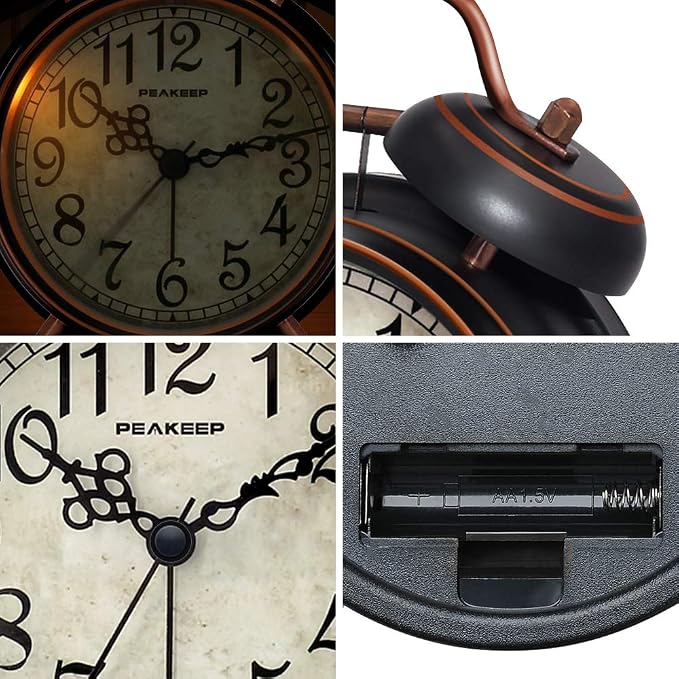 Peakeep Retro 4.5 inches Battery Operated Twin Bell Loud Alarm Clock | for Heavy Sleepers Adults, Old Fashioned Back to 80?€?s for Bedroom Desk Living Room Kids' Room Decoration (Black with Arabic)