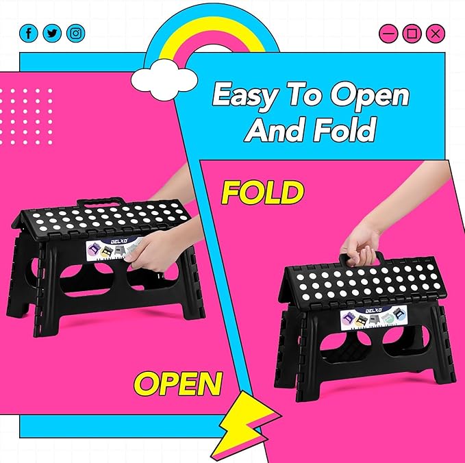 Delxo Folding Step Stool for Kids and Adults,15-Inch Extra Wide 9 Inch 2 Pack Height Heavy Duty Stepping Stool More Safe and Comfortable Non Slip Foldable Step Stool Black
