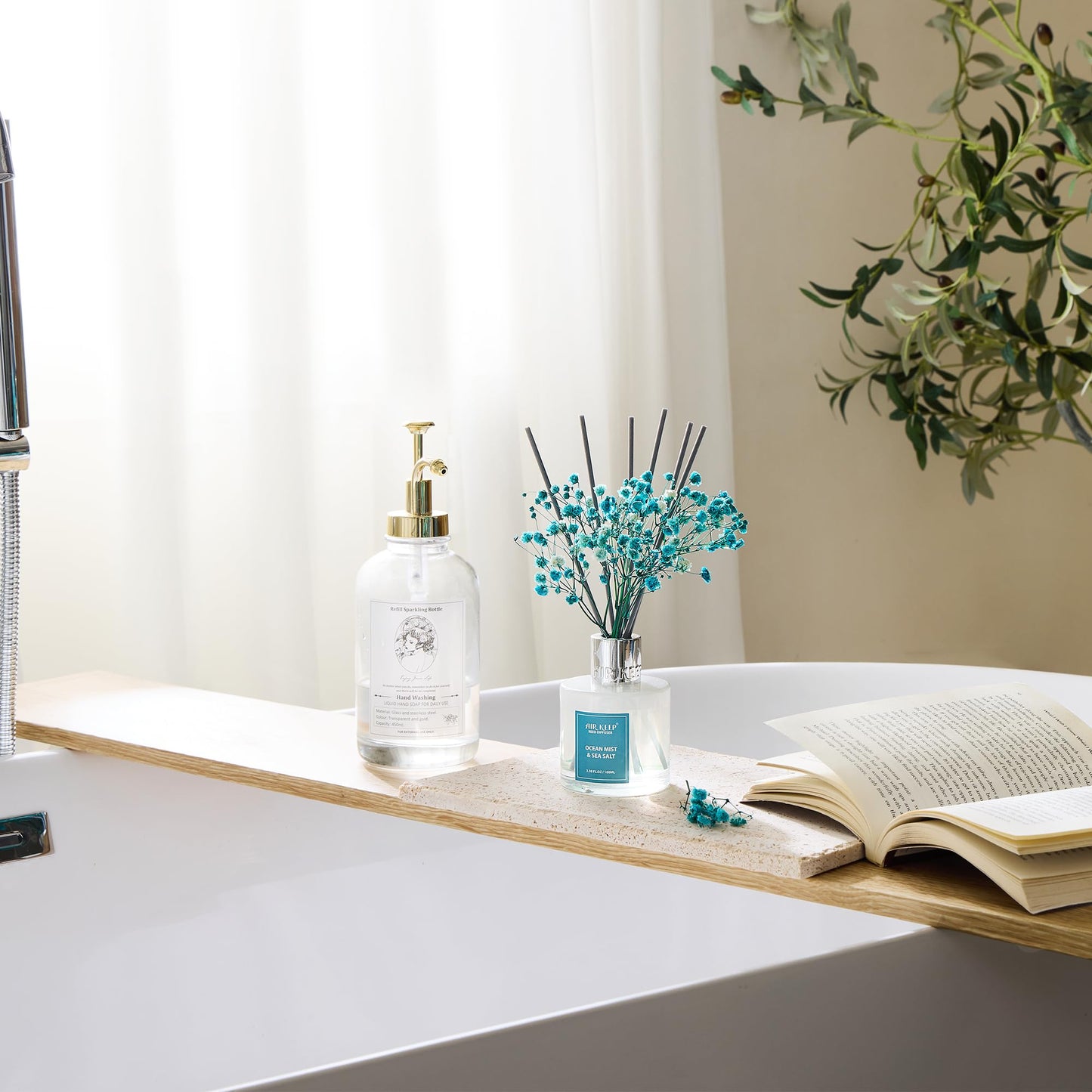 Airkeep Reed Diffuser Set,3.38 fl oz (100 ml) - Ocean Mist&Sea Salt Oil Diffusers with 8 Reed Sticks,Home Fragrance Reed Diffuser for Bathroom Shelf Decor