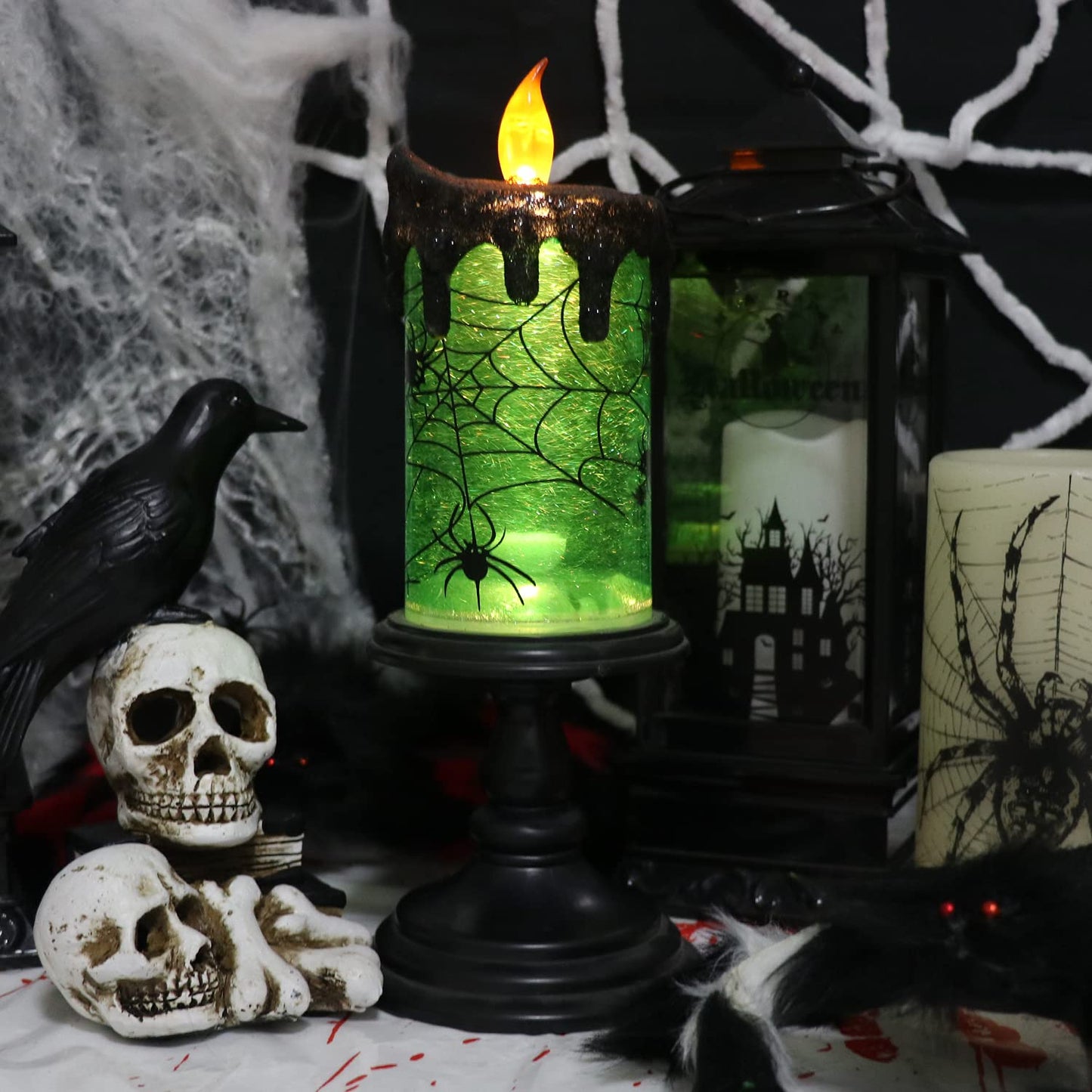 DRomance Halloween Flameless Candle Snow Globe Battery Operated with 6 Hour Timer, Green Light Spider Decal Water Tornado Lamp LED Candlestick Halloween Season Decor Gift 4 x 10 Inches