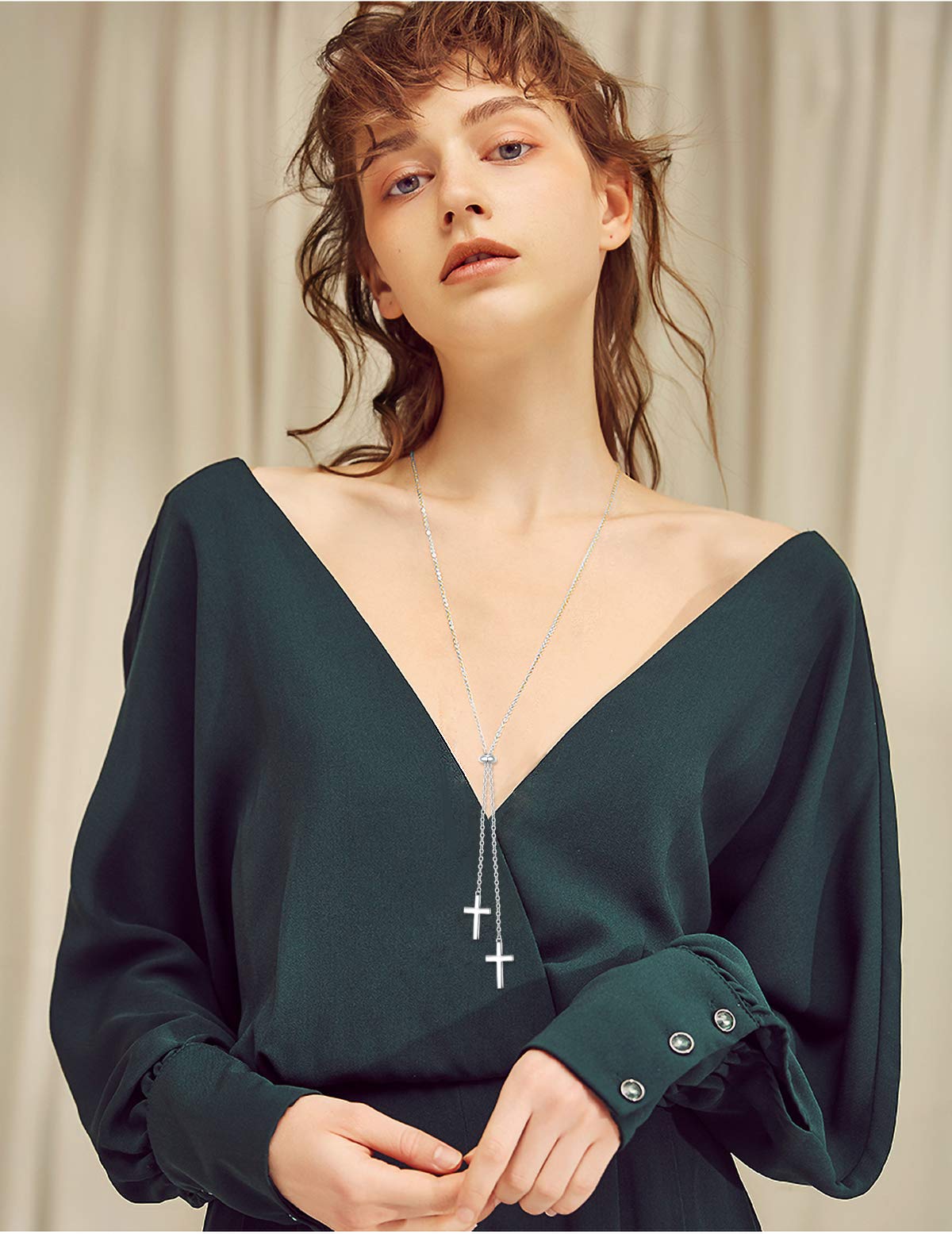 FLYOW Long Chain Dainty Necklace Simple Style 925 Sterling Silver Heart Pendant Adjustable Y Shaped Necklace Jewelry (Cross)