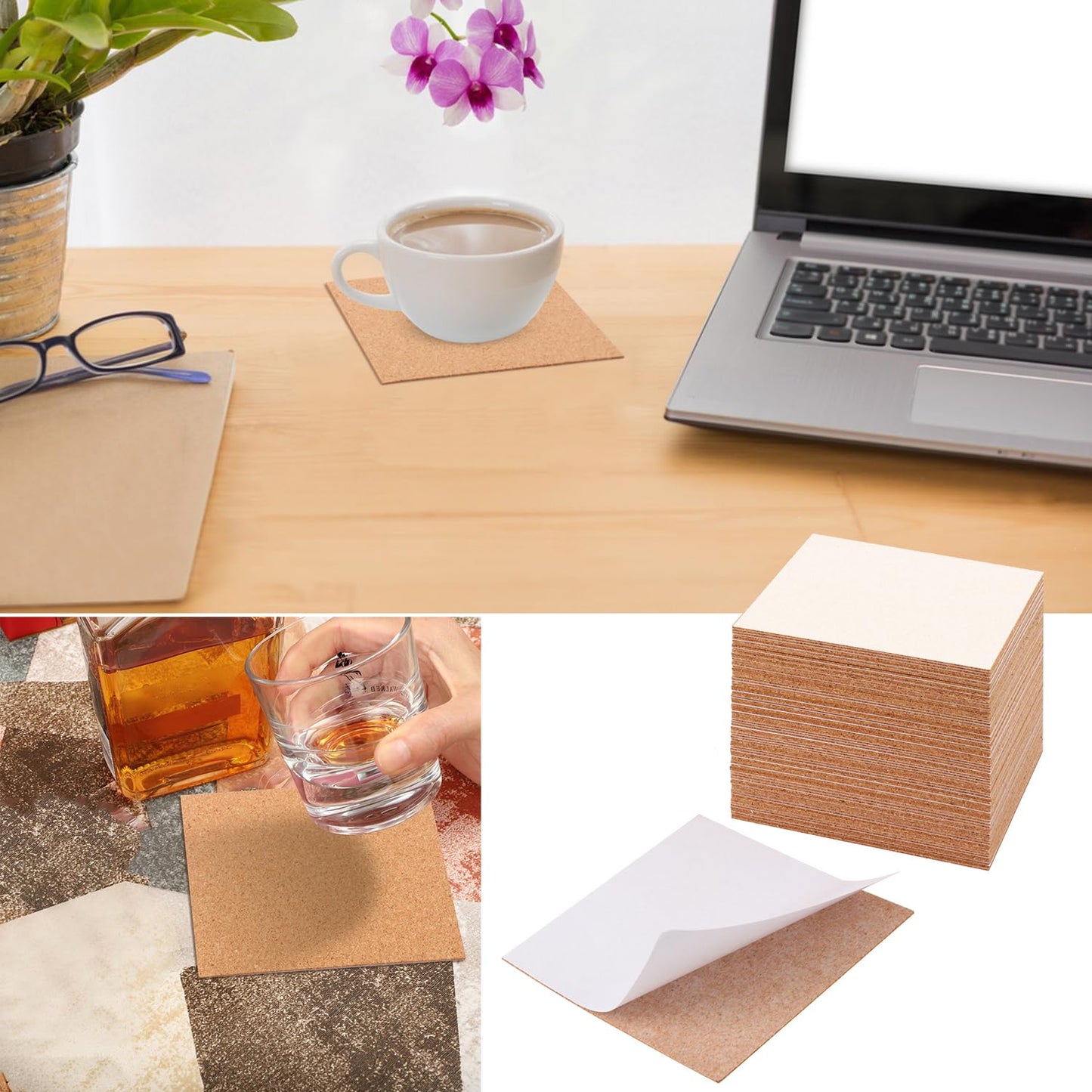 300 PCS 4 x 4 Inch Self Adhesive Cork Squares, Squares Backing Cork Tiles Sheets for Coasters, Perfect for DIY & Craft Projects