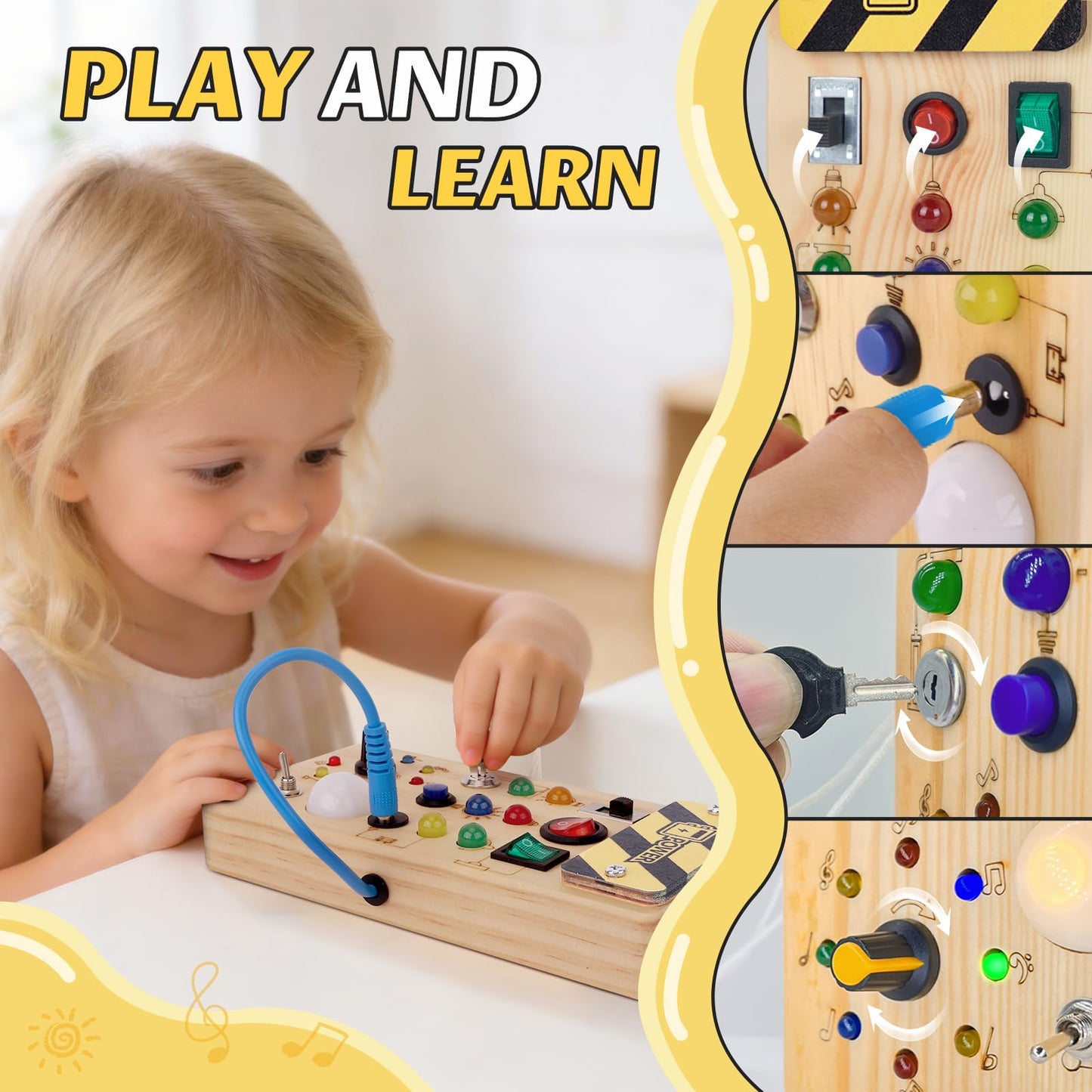 Sumsoltic Montessori Busy Board for 1-3 Toddlers | LED Light, Sensory Learning Toy