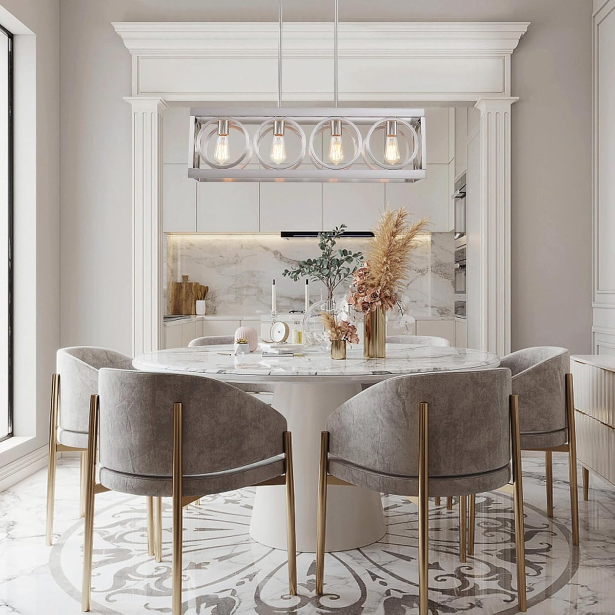 XINGQI Linear Chandelier Brushed Nickel Kitchen Island Light Fixtures 31.5" Rectangle Dining Room Chandeliers, Farmhouse Hanging Large 4-Light Rustic Metal Living Room Office Pendant Lighting