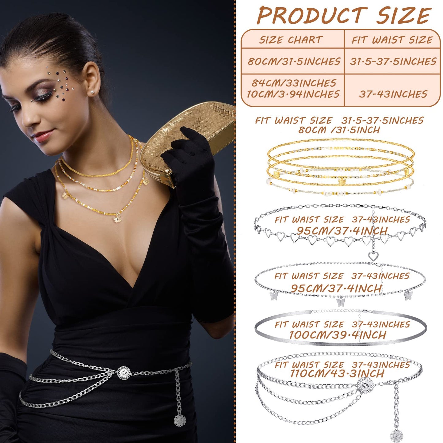 JenPen 8 Pcs Belly Chain Adjustable Waist Chain Summer Beach Bikini Waist Body Beads for Women Adults Multilayer(Stylish Style)