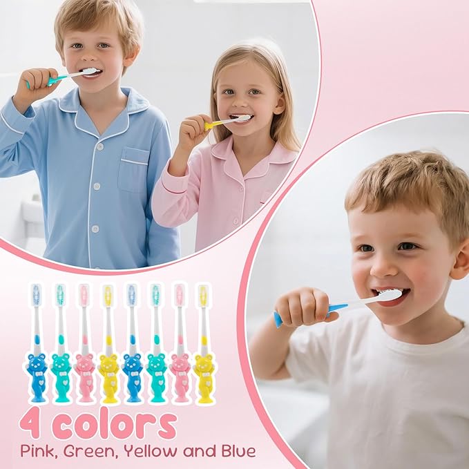 Toothbrushes for Kids In Bulk, Individually Wrapped Disposable Toothbrush Cute Manual Soft Bristles Children Toothbrush With Cover Suction Cup Toddler Toiletries Set for Home/School/Travel (100 Pack)