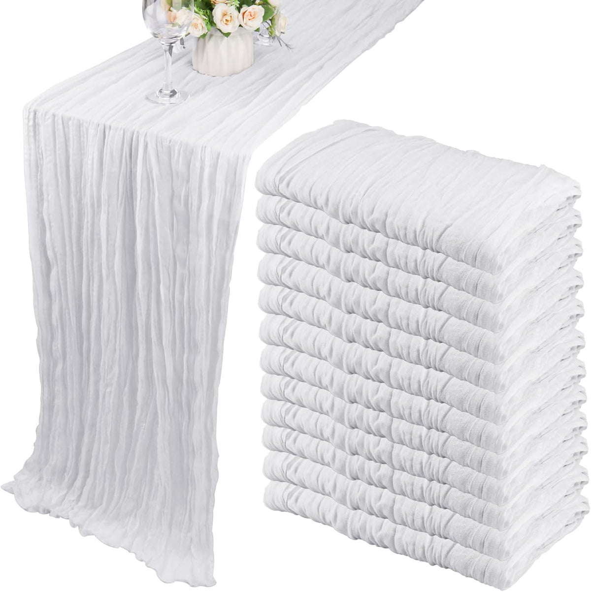 12 Pack Boho Gauze Table Runner - 35x72 Inch Rustic Cheese Cloth Long Table Runner for Wedding, Bridal Shower, Birthday Party Decor (White)